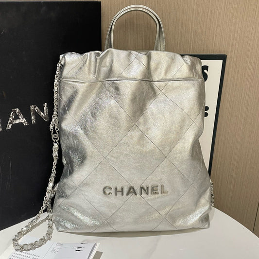 Chanel 22 Backpack Small, Silver, Pristine Condition, Microchip #J2071